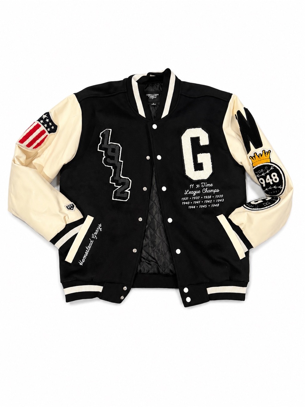 Ebbets Field Flannels Black and Cream Wool Bomber Varsity Jacket
